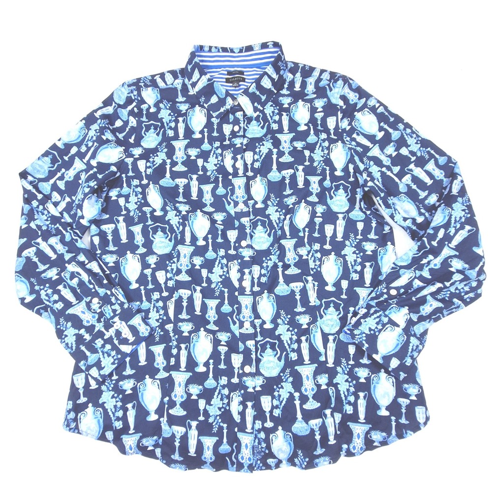 Talbots Button Down Shirt Womens 16 Blue White Ginger Jar Urn Print Non-Iron